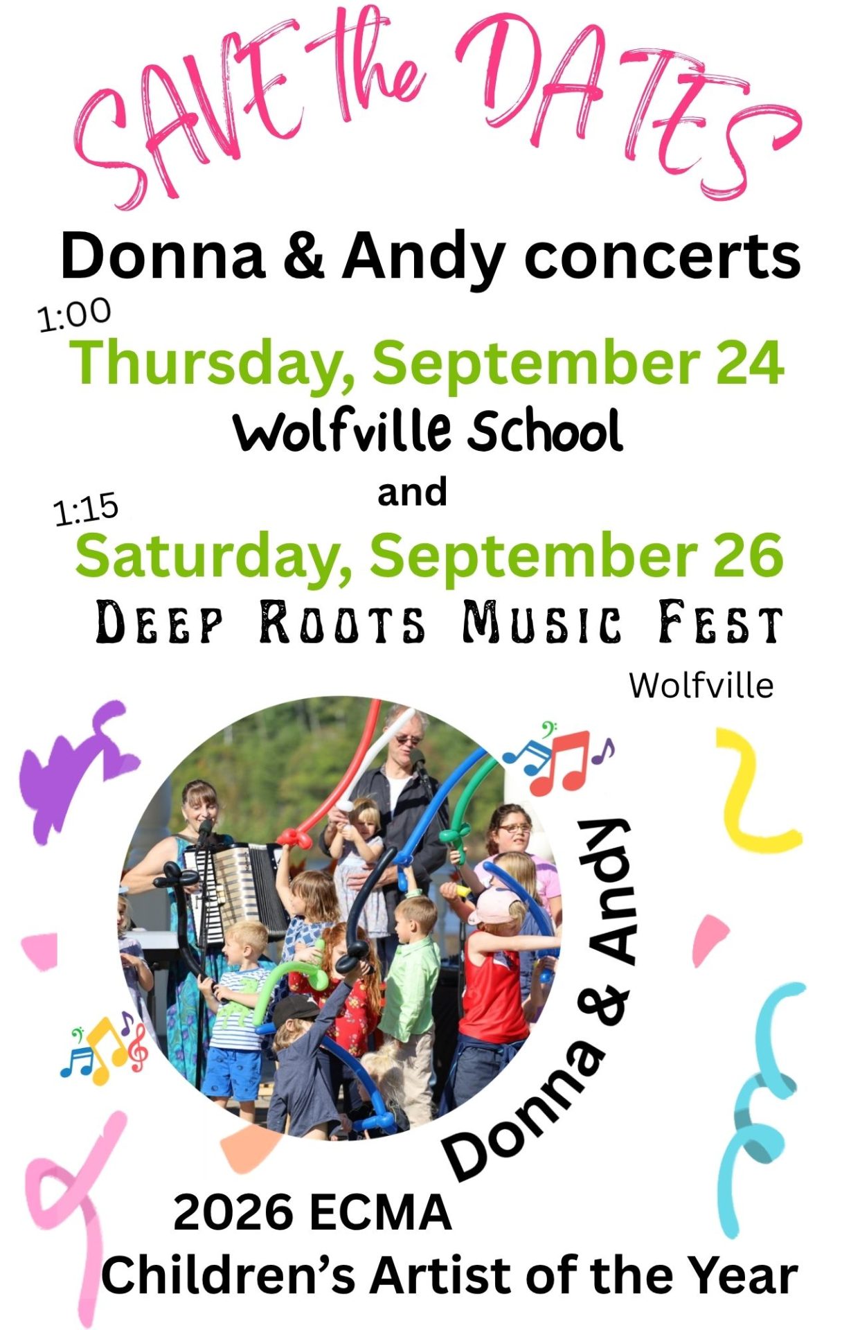 Donna & Andy performances in Wolfville NS - Sept 24 and 26, 2026 - SAVE the DATES