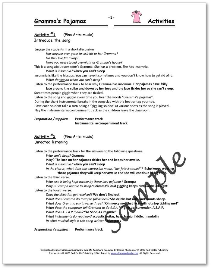 Gramma's Pajamas - song composed by Donna Rhodenizer - SAMPLE Activities - p1