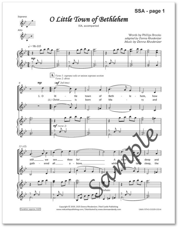 O Little Town of Bethlehem - Music composed by Donna Rhodenizer - SSA - SAMPLE p1