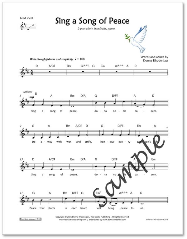 Sing a Song of Peace - song composed by Donna Rhodenizer - lead sheet - SAMPLE p1
