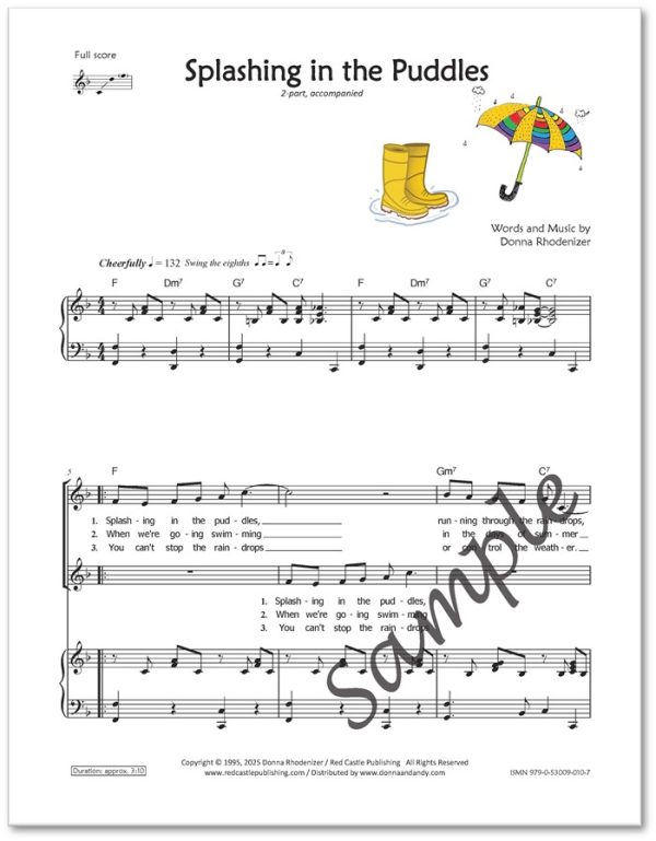 Splashing in the Puddles - song composed by Donna Rhodenizer - 2-part - full score - SAMPLE p1