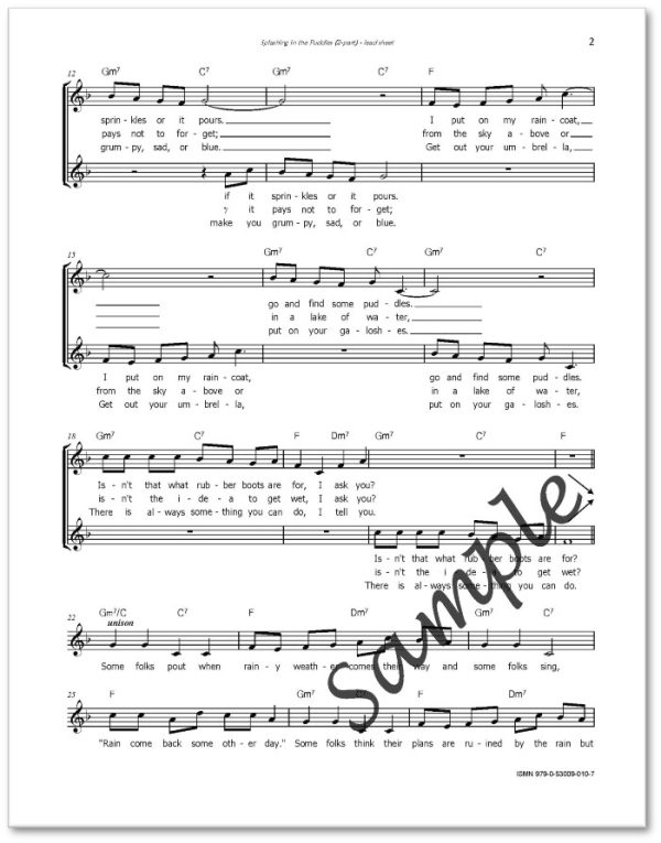 Splashing in the Puddles - song composed by Donna Rhodenizer - 2-part - lead sheet - SAMPLE p2